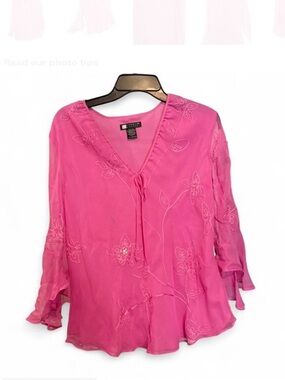 CAROLE LITTLE Hot Pink V-Neck Sequin & Embroidery Tie-Front Blouse